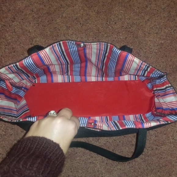Lancomé Black/Red Outside MultiStriped Inside Tote - Picture 2 of 4